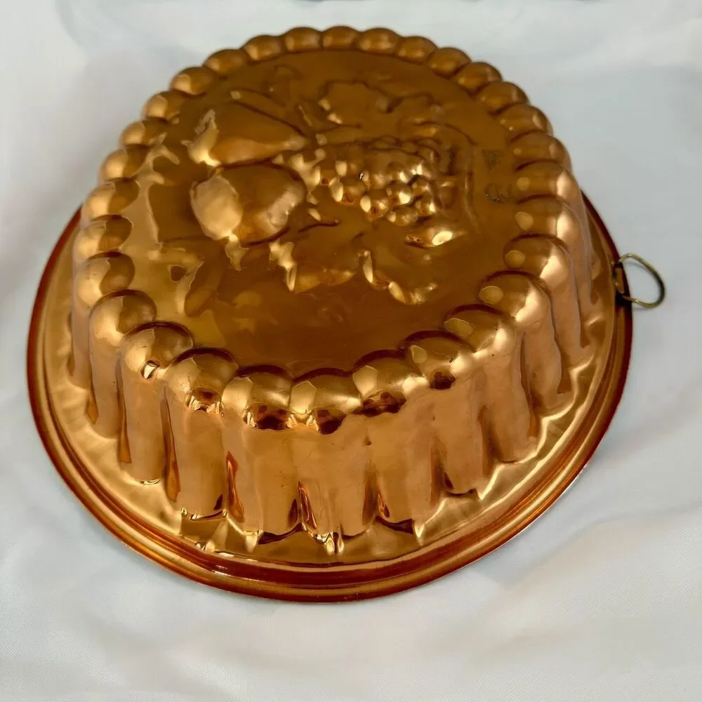 Large Oval Mold Copper Tin Lined Jelly Pudding Mold Fruit Design 13.5